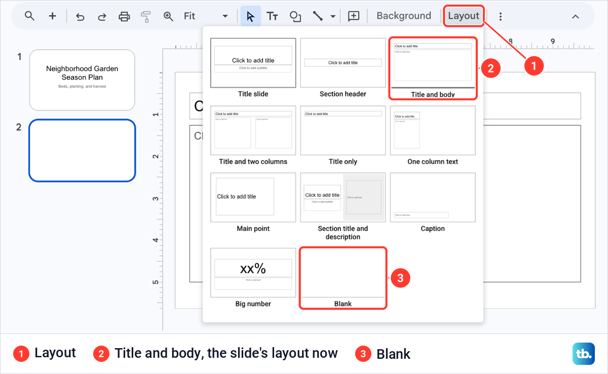 The Google Slides Layout list with eleven layouts, Title and body outlined as the layout of the selected new slide.