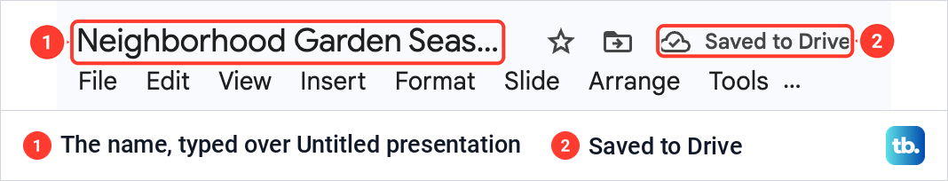 The Google Slides title bar with the presentation renamed Neighborhood Garden Season Plan and Saved to Drive beside it.