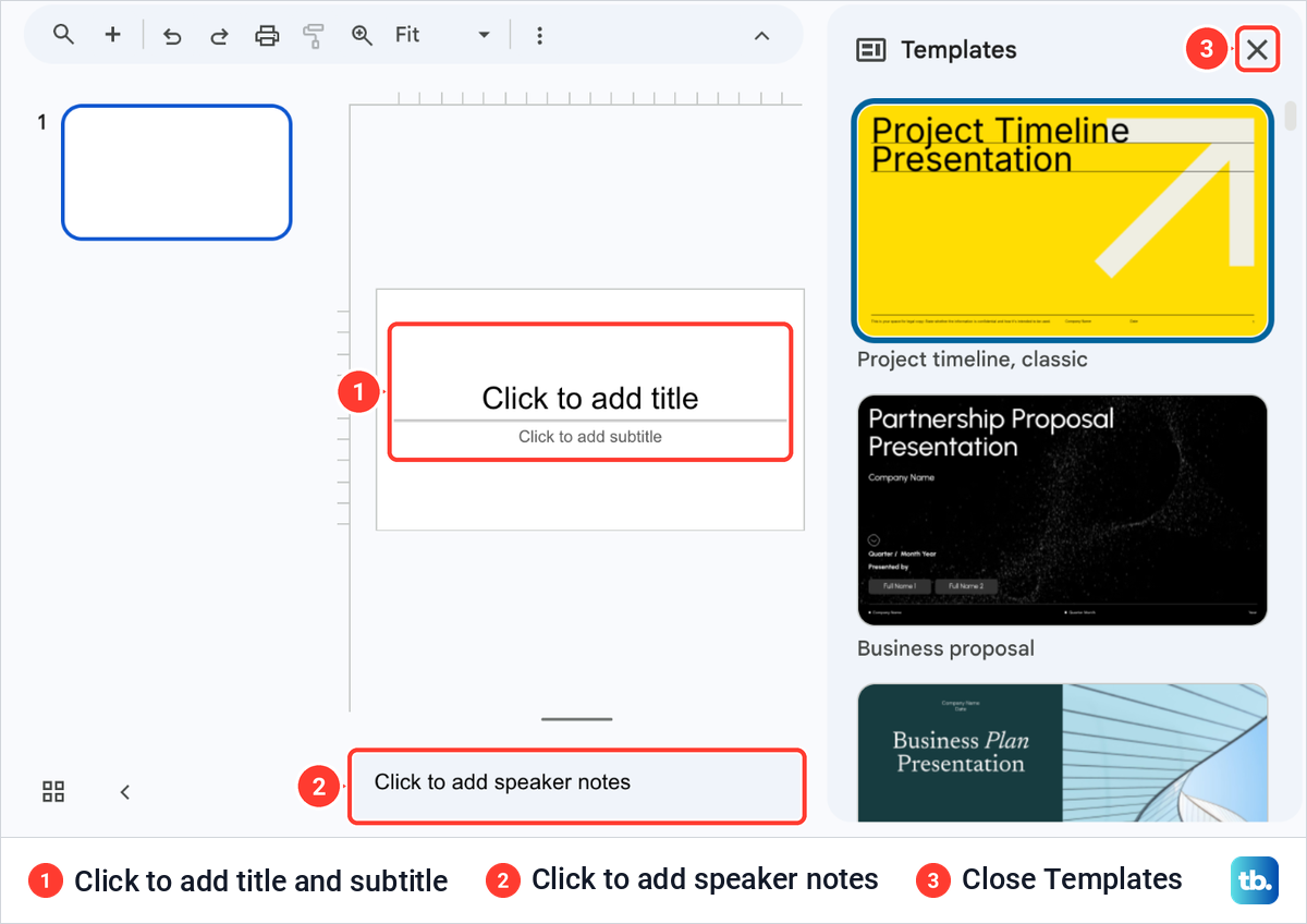 A new Google Slides presentation with one blank title slide, the speaker notes field and the Templates panel open at the right.