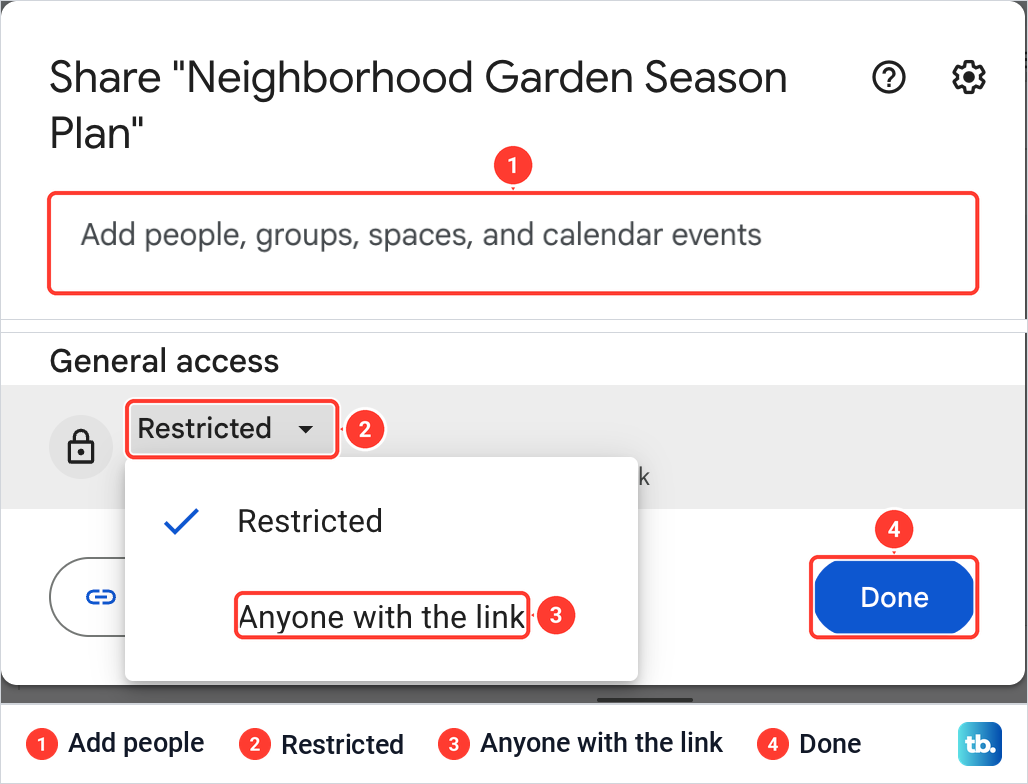 The Google Slides Share box with the Add people field and the General access list open on Restricted.