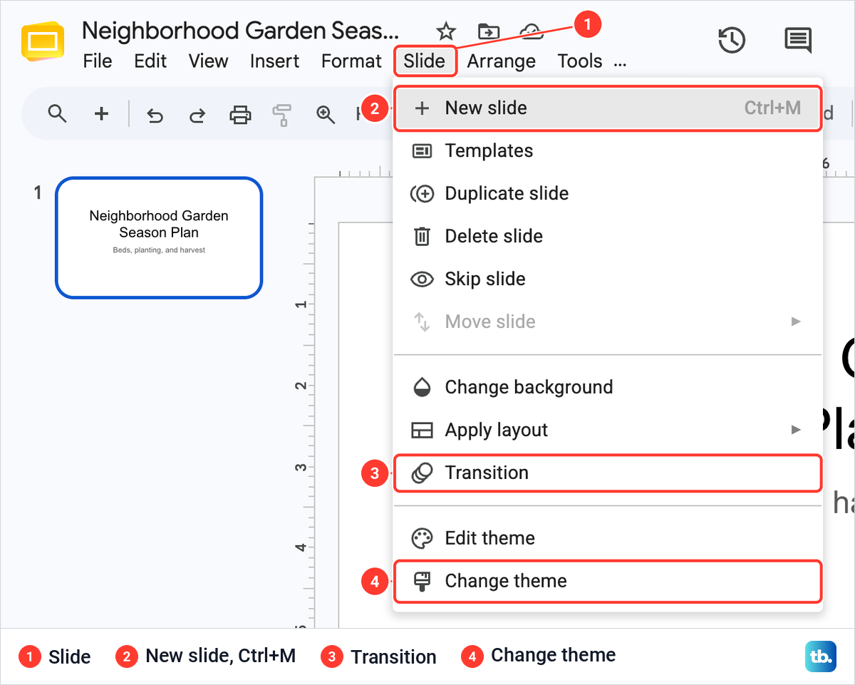 The Google Slides Slide menu open with New slide and its Ctrl+M shortcut at the top, Transition and Change theme lower down.