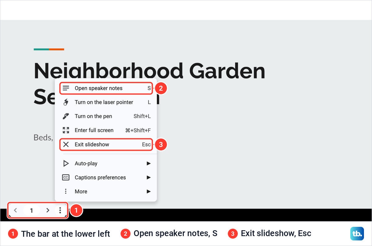 A Google Slides slideshow with the small control bar at the lower left and its three-dot menu open.