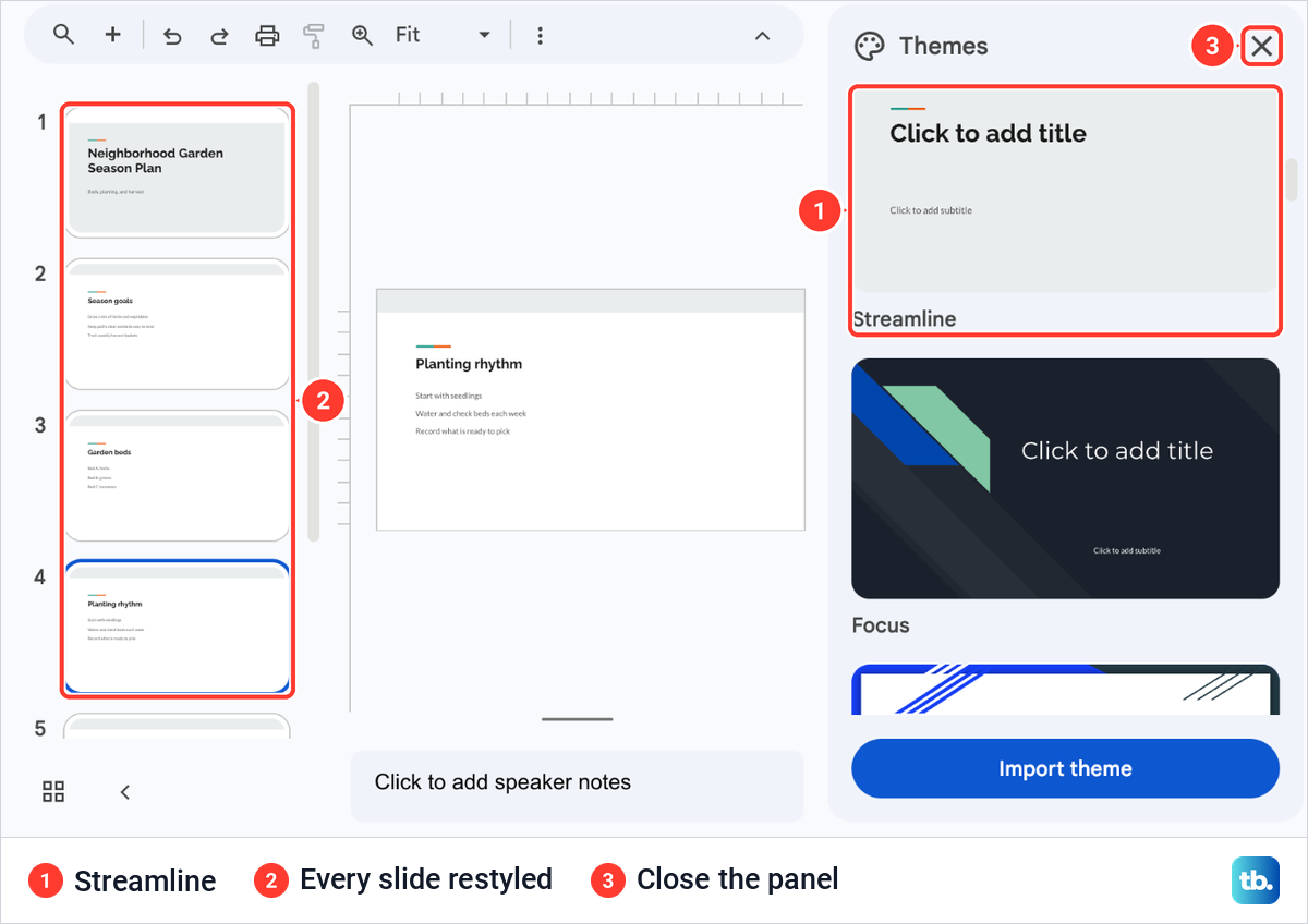 The Google Slides Themes panel with Streamline applied and every slide in the filmstrip showing its grey band and accent line.