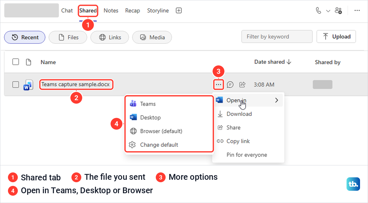 Teams chat Shared tab listing a Word file, with the Open in menu offering Teams, Desktop and Browser.