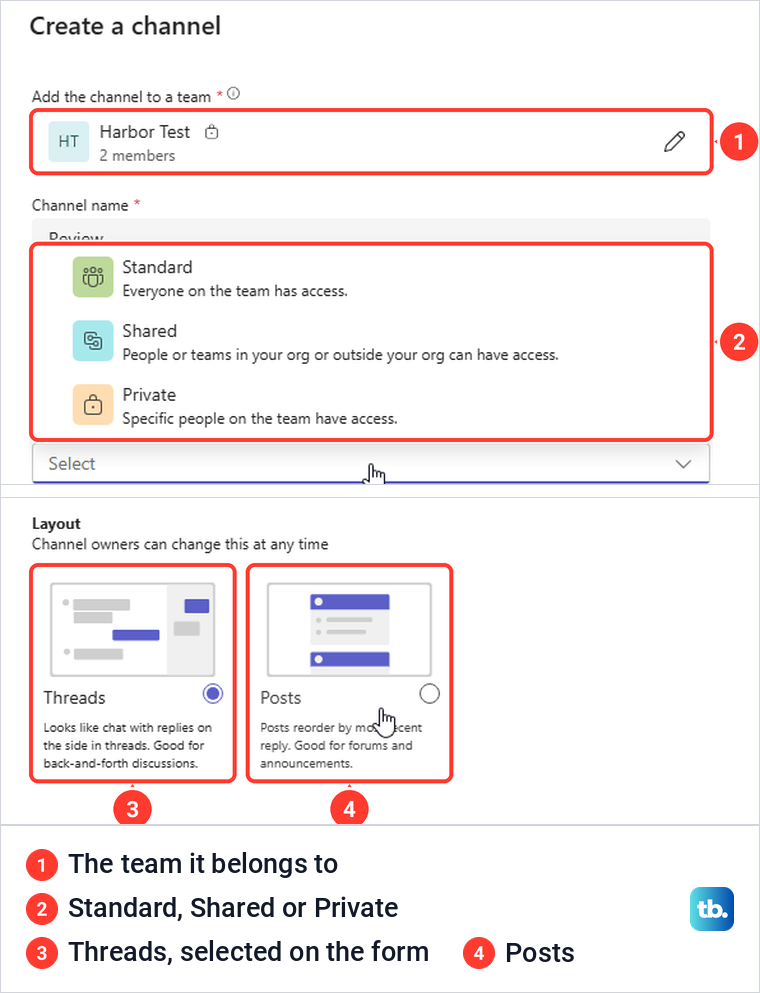 Teams Create a channel form with Standard, Shared and Private types and the Threads or Posts layout.