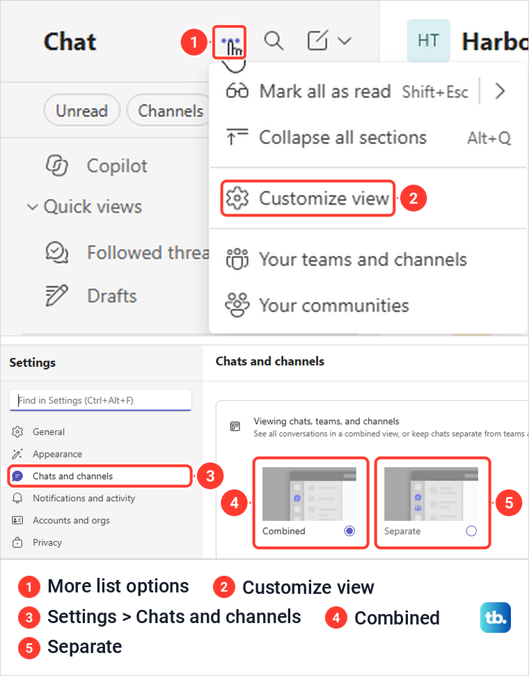 Teams More list options menu with Customize view, then the Combined and Separate view settings.