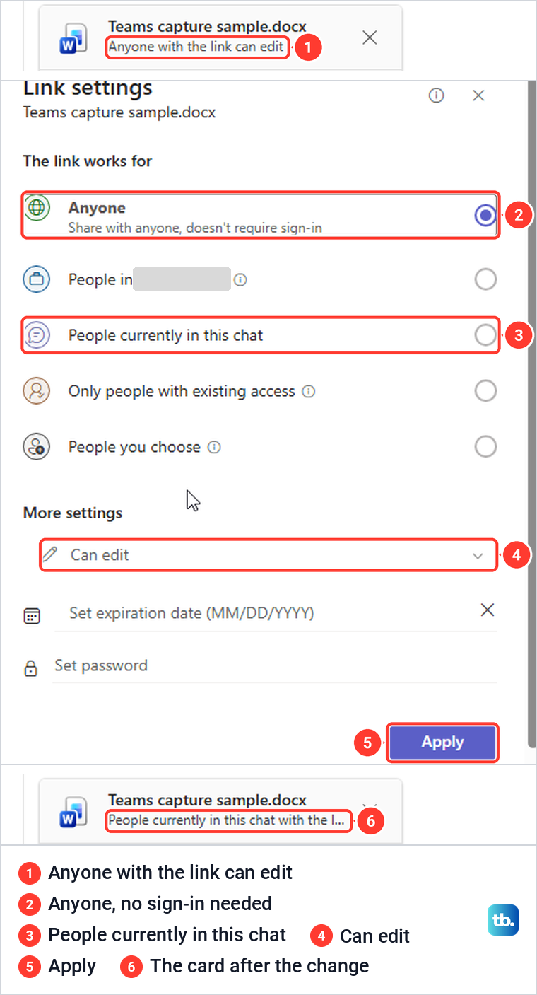 Teams file card showing Anyone with the link can edit, the Link settings dialog and the changed card.