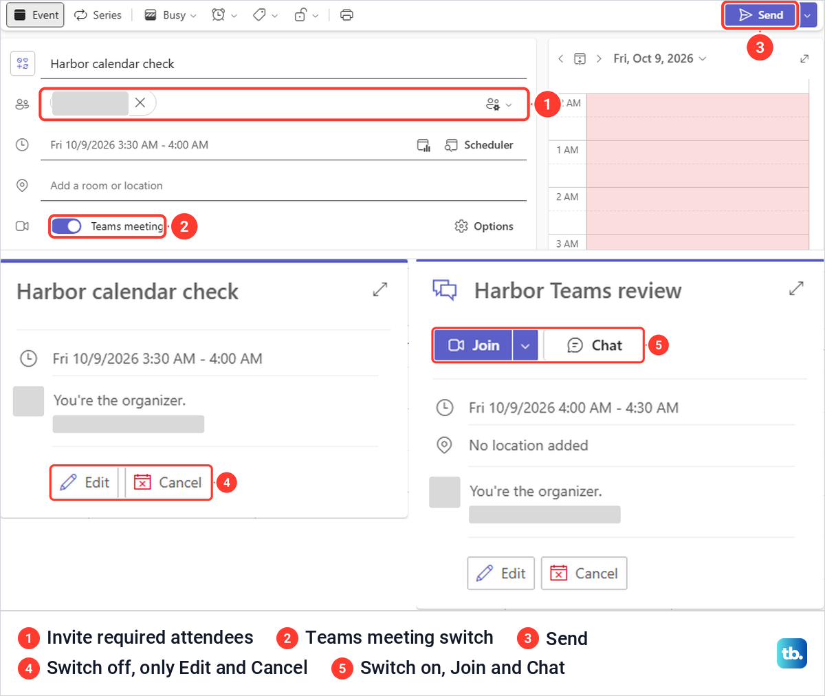 Teams new event form with the Teams meeting switch, and two event cards with and without Join.