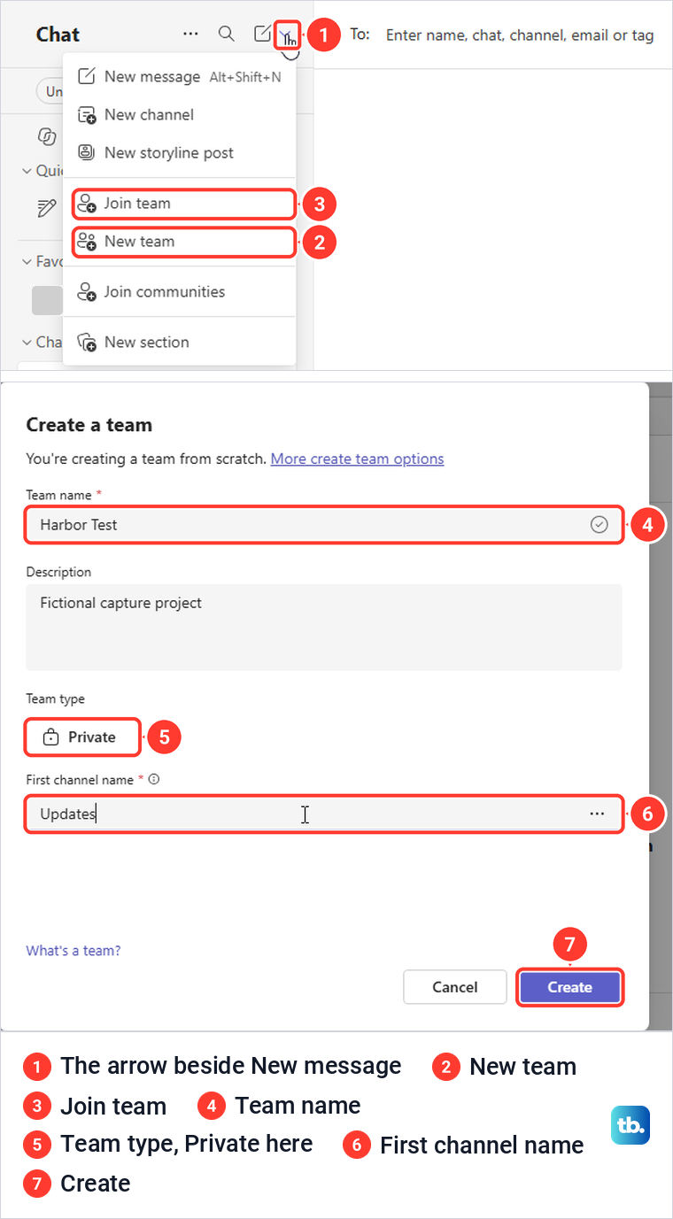 Teams New items menu with Join team and New team, and the Create a team form below it.