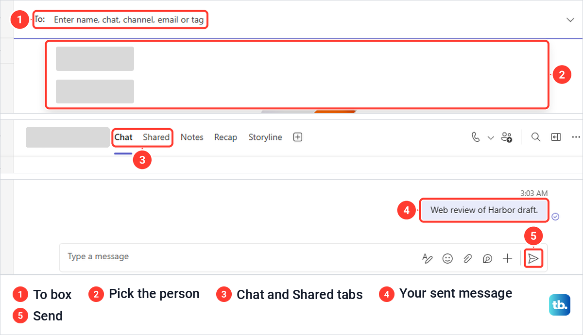 Teams New message form with the To box and suggestions, then a sent one-to-one chat message.