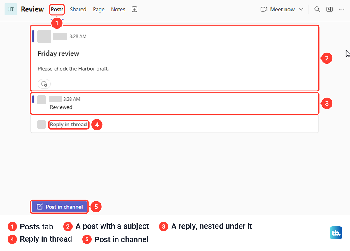 Teams Posts channel with a post that has a subject and a reply nested under it.