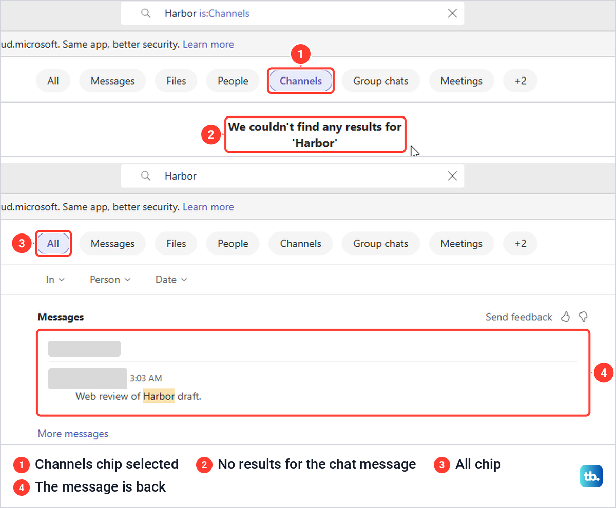 Teams search with the Channels chip showing no results, then the All chip showing the chat message.