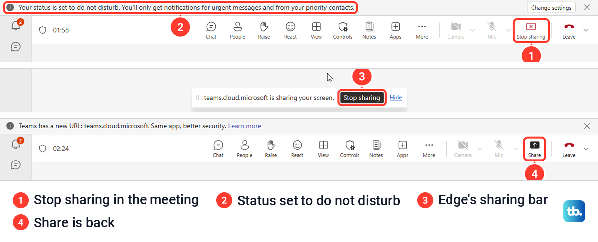 Teams meeting while sharing a screen with Stop sharing, then the meeting after sharing stopped.