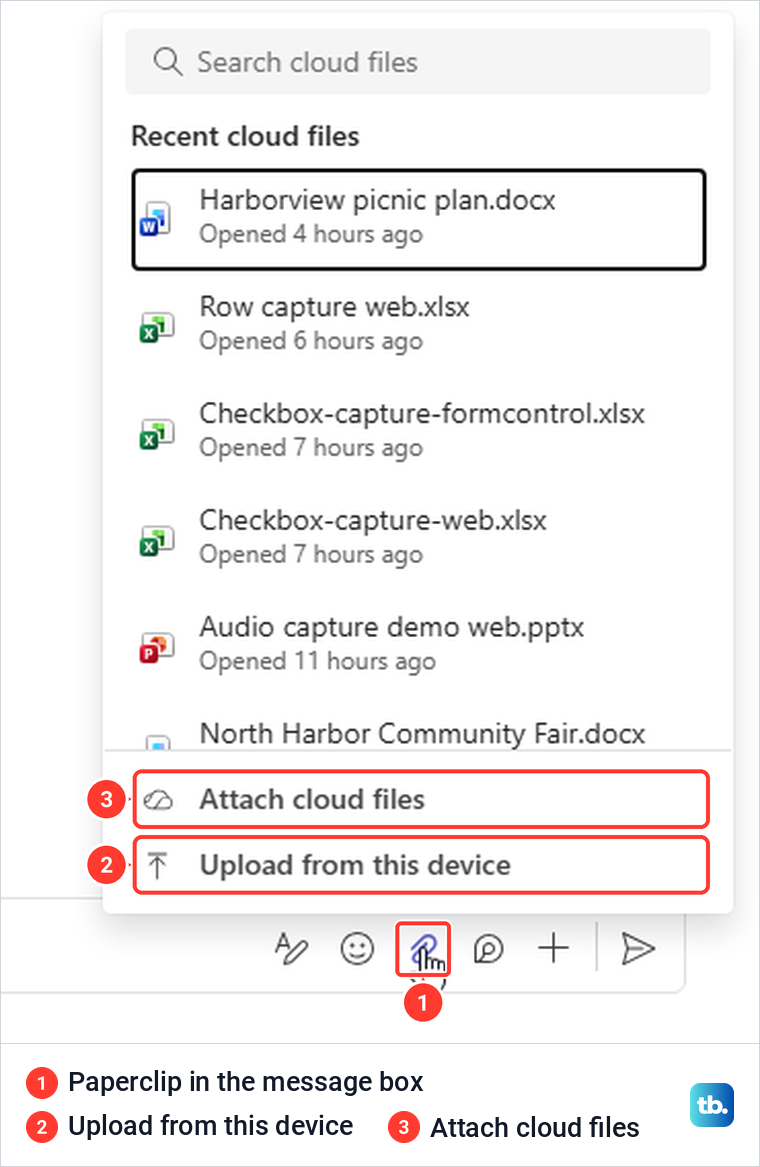 Teams for the web paperclip menu listing recent cloud files, Attach cloud files and Upload from this device.