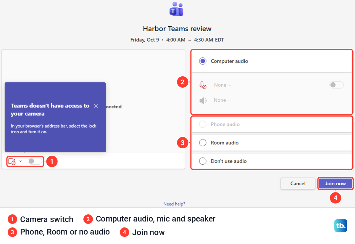 Teams prejoin page with the camera switch, Computer audio options and the Join now button.