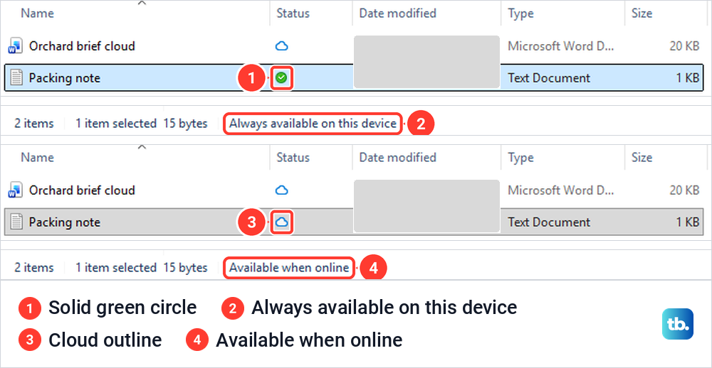 File Explorer status icons for one file, a solid green circle and then a cloud outline.