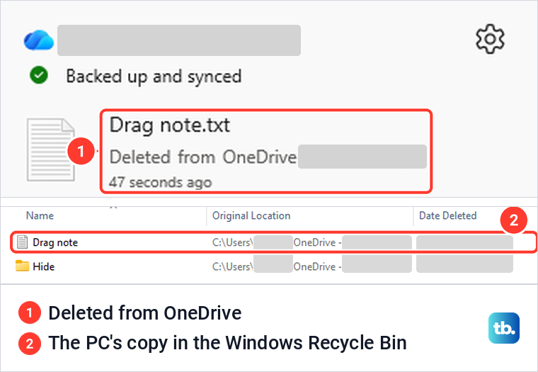 OneDrive panel saying a file was deleted from OneDrive, and the file in the Windows Recycle Bin.
