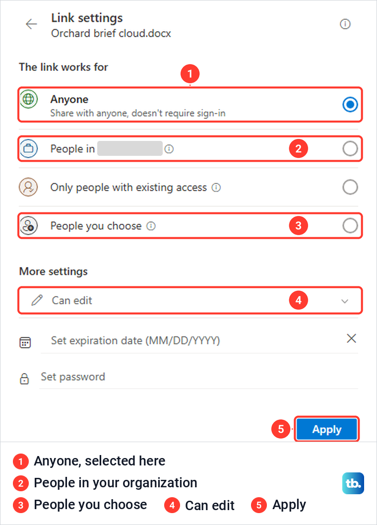 OneDrive Link settings with Anyone selected, People you choose and Can edit under More settings.