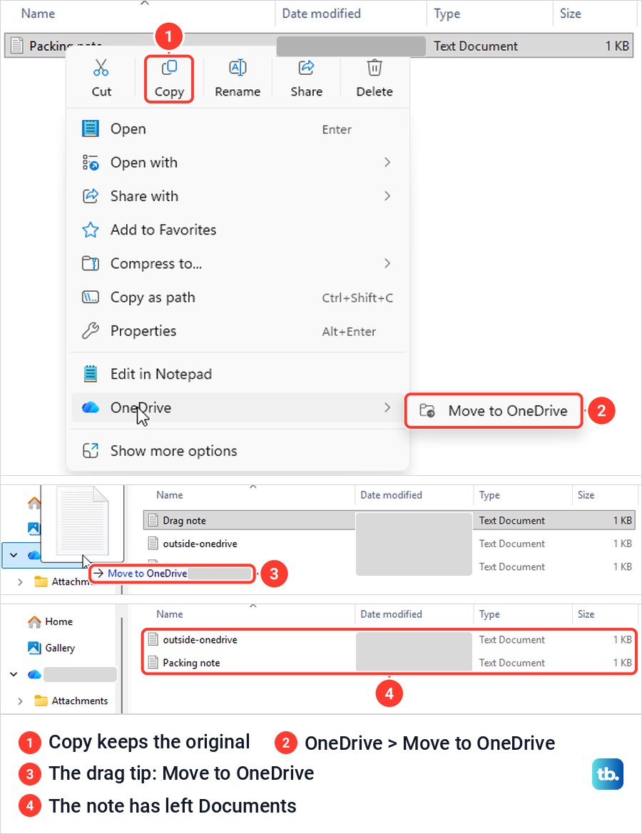 Right-click menu of a local file with Copy and the OneDrive submenu's Move to OneDrive, then the file being dragged onto OneDrive.