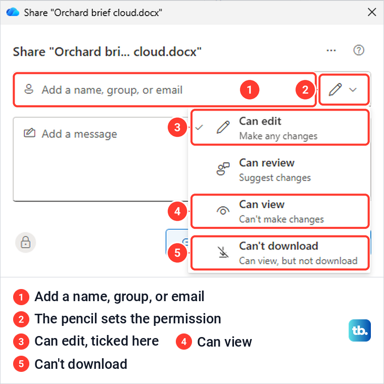 OneDrive Share window with the name box and the pencil permission list from Can edit to Can't download.