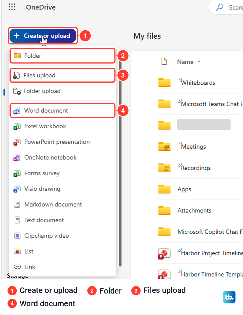 OneDrive website Create or upload menu with Folder, Files upload, Folder upload and new Office documents.