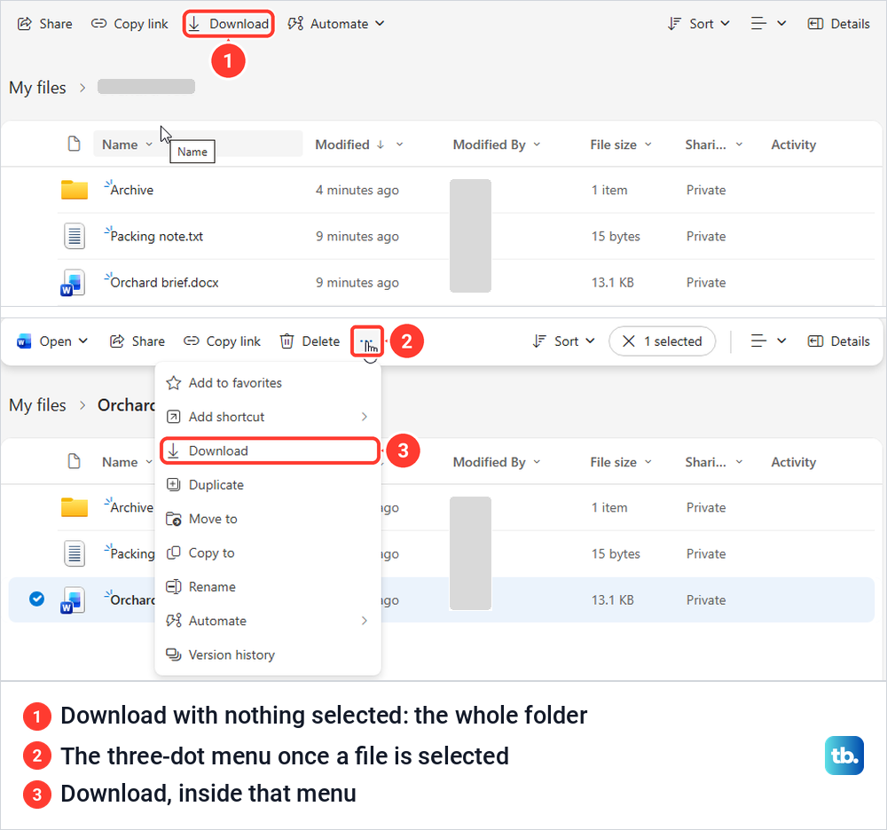 OneDrive website bar with Download for a folder, then Download inside the three-dot menu for a selected file.