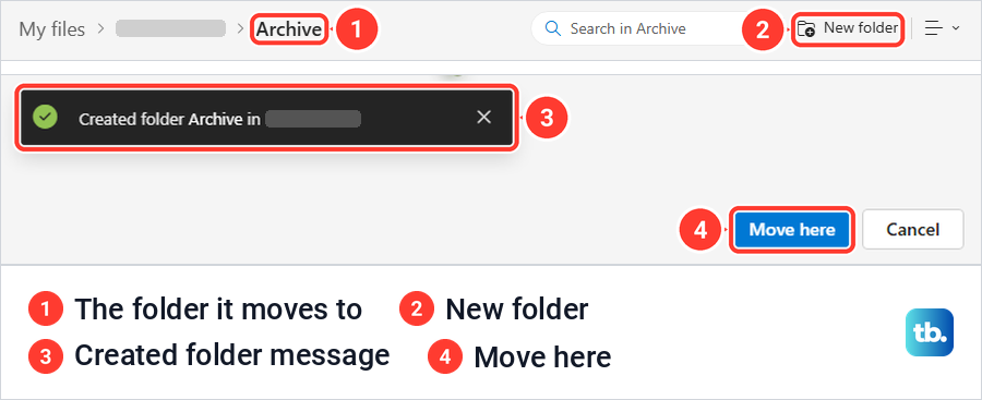 OneDrive website Move to window with New folder, a new destination folder and the Move here button.