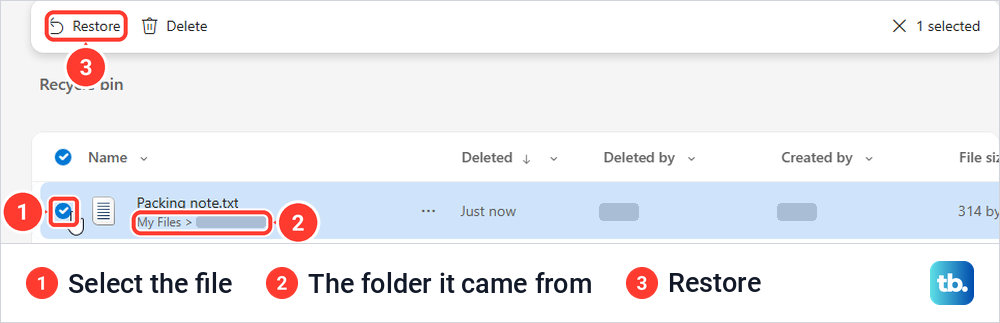OneDrive website Recycle bin with one file selected, its original folder and the Restore button.