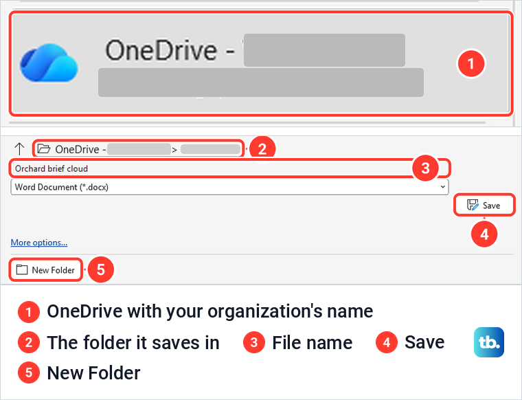 Word Save As page with the work OneDrive selected, a folder path, a file name and the Save button.