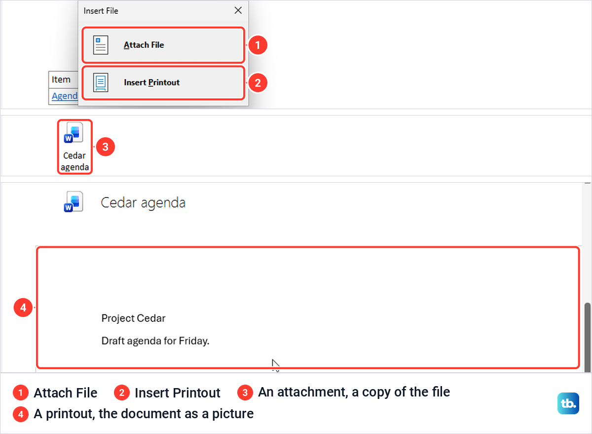 OneNote Insert File choice between Attach File and Insert Printout, with both results on a page.