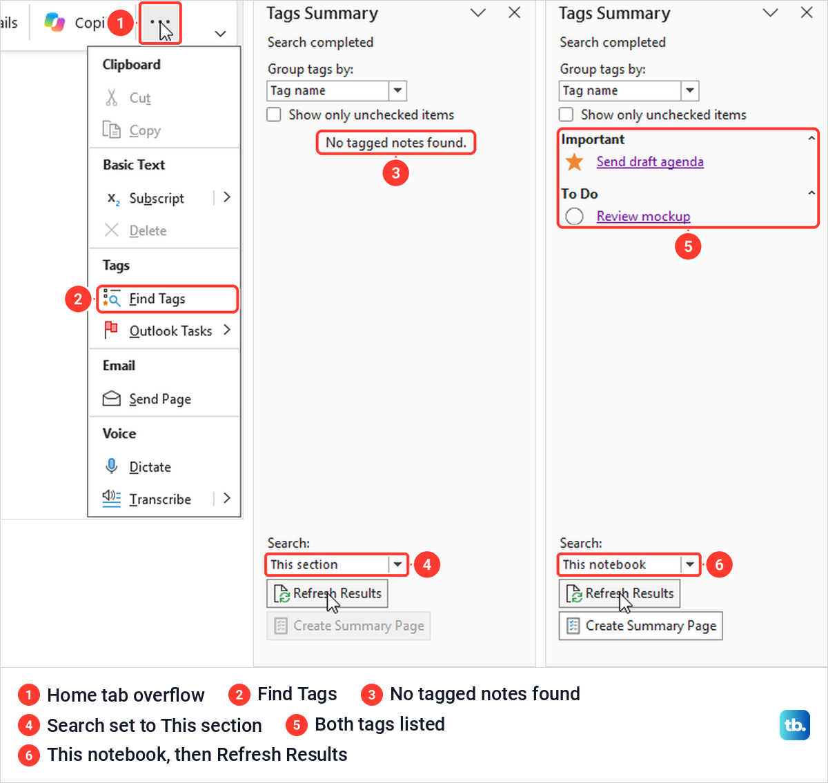 OneNote Find Tags in the Home overflow menu and two Tags Summary panes with different search scopes.