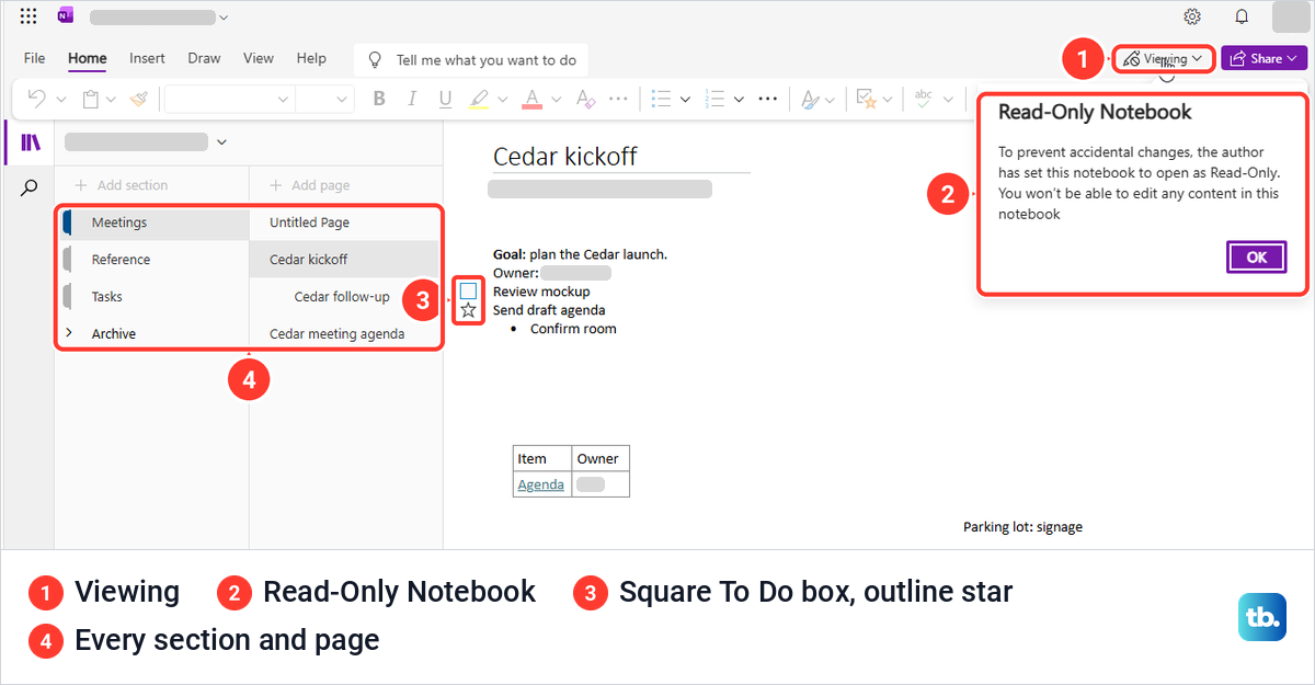 OneNote for the web showing a shared notebook as Viewing with a Read-Only Notebook notice.