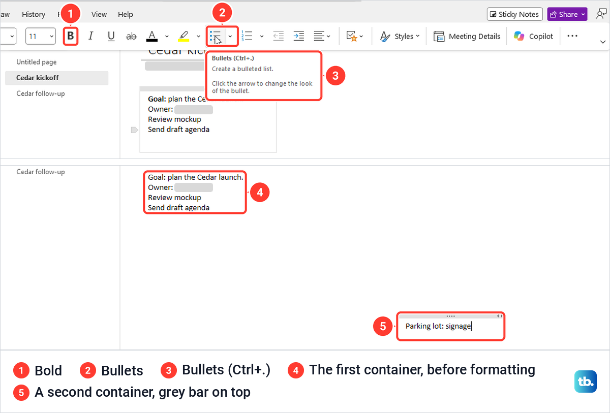OneNote Home tab with Bold and Bullets, the Bullets shortcut tip, and two note containers.