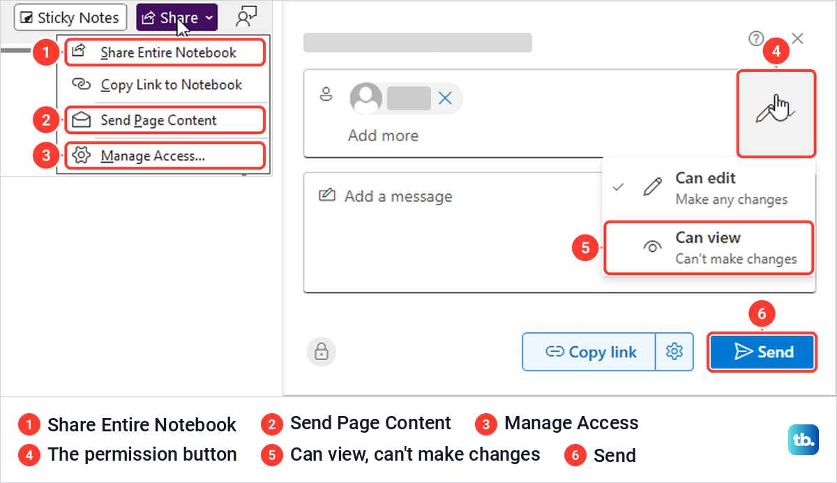 OneNote Share menu and the Share Entire Notebook dialog with Can edit and Can view.