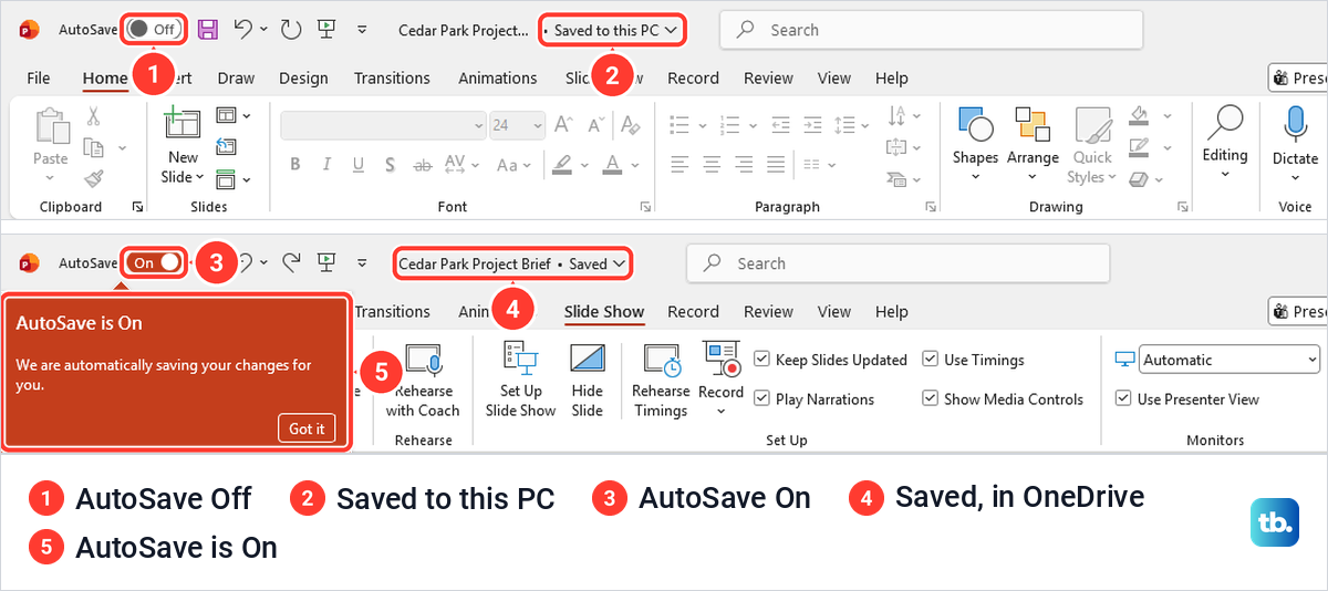 PowerPoint title bar with AutoSave Off for a PC file, then AutoSave On after saving to OneDrive.
