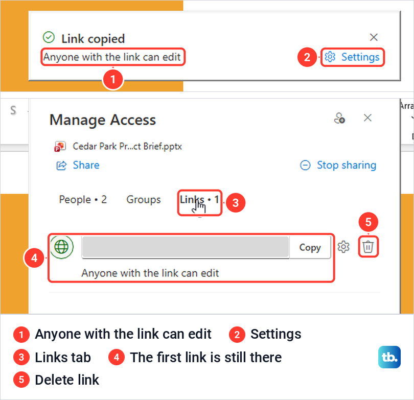 PowerPoint Link copied note reading Anyone with the link can edit, and the link in Manage Access.