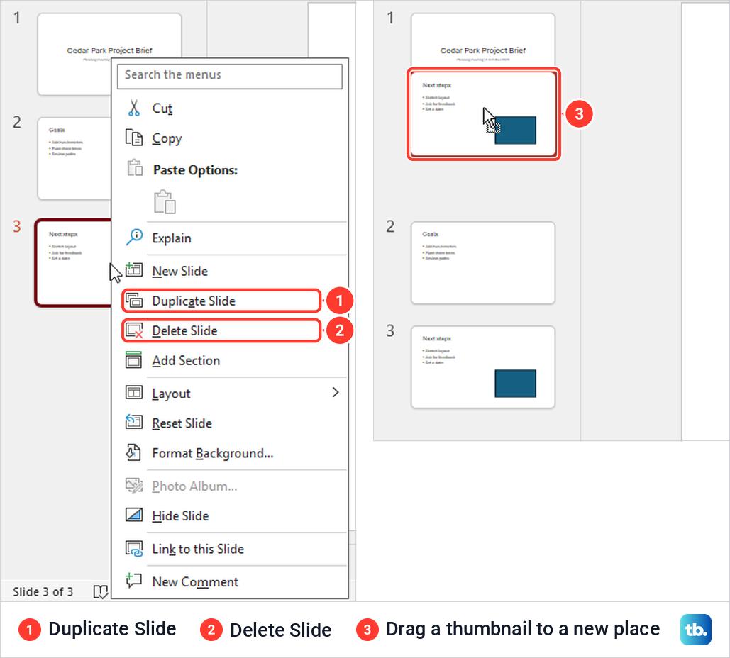 PowerPoint thumbnail right-click menu beside a thumbnail being dragged to a new position.