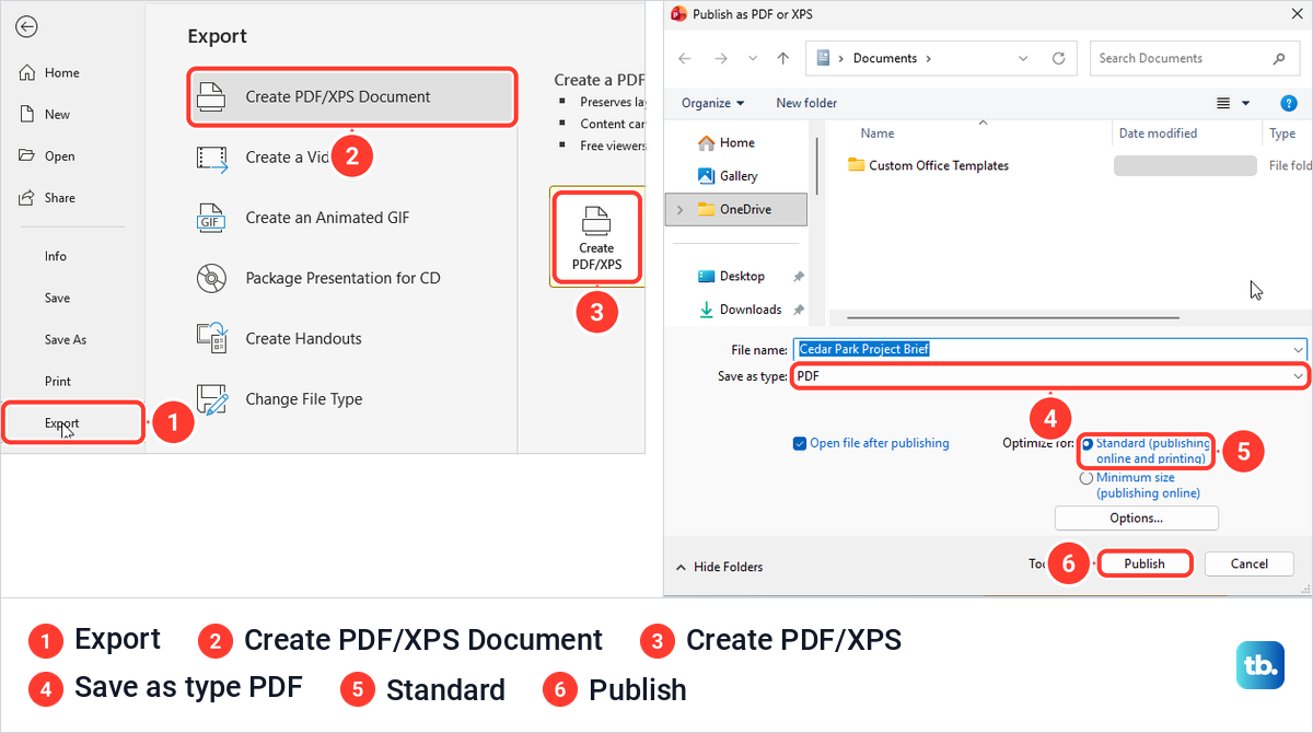 PowerPoint File Export page with Create PDF/XPS, and the Publish as PDF or XPS dialog.