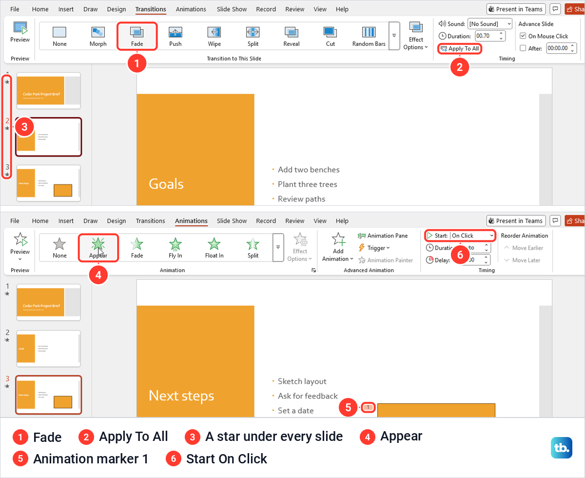 PowerPoint Transitions tab with Fade and Apply To All, then the Animations tab with Appear on a shape.