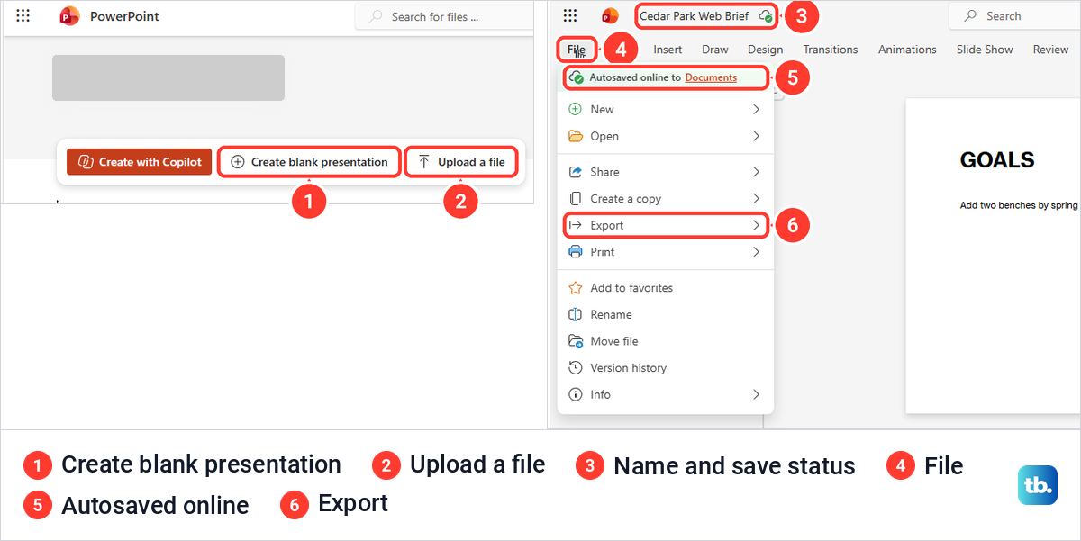 PowerPoint for the web start buttons and the File menu of a deck autosaved online.