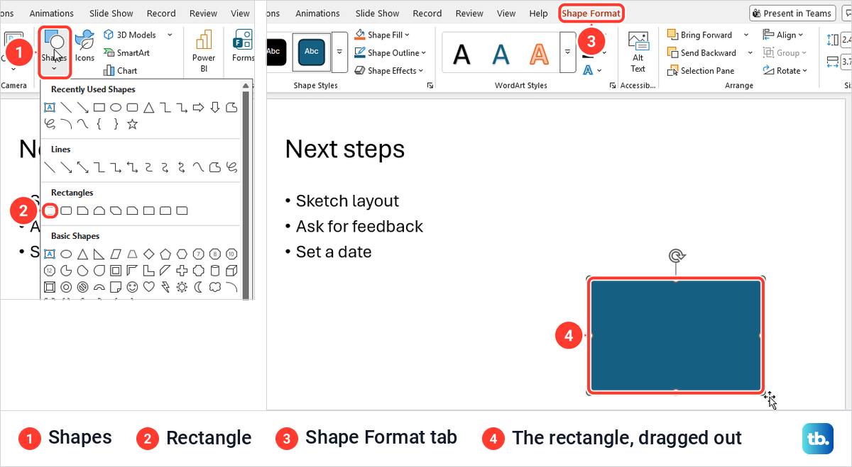 PowerPoint Insert Shapes gallery with Rectangle, and a rectangle drawn on a slide.