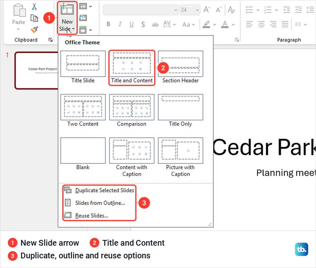 PowerPoint Home tab New Slide arrow open on the Office Theme layout gallery.