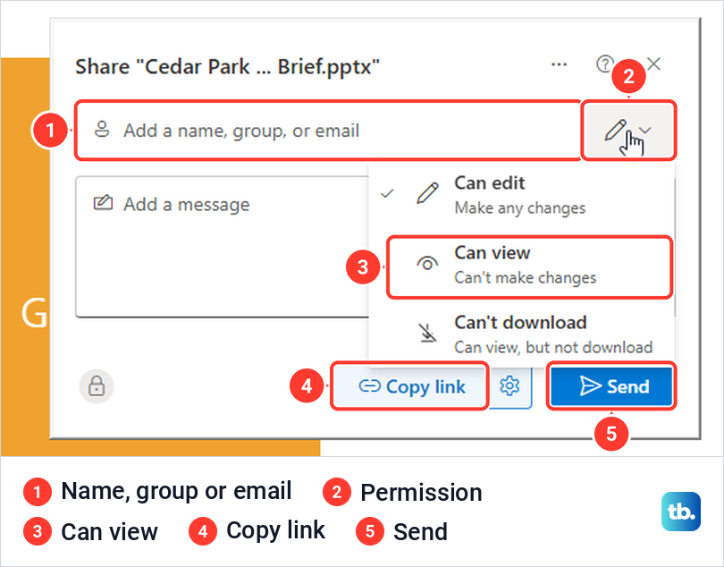 PowerPoint Share dialog with the permission list open and Can view highlighted.