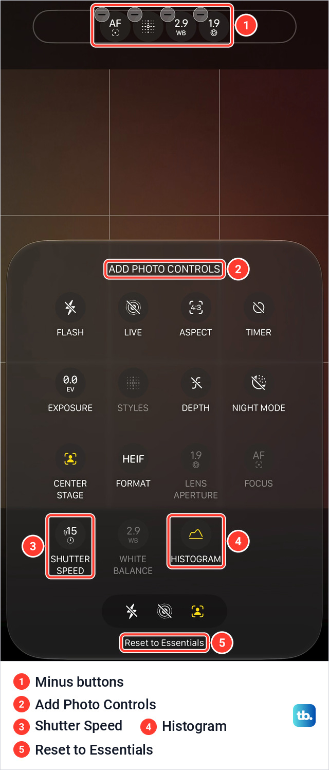 Add Photo Controls panel on an iPhone 18 Pro Max listing 15 camera tools, with Minus buttons on the four tools above the frame and Reset to Essentials at the bottom
