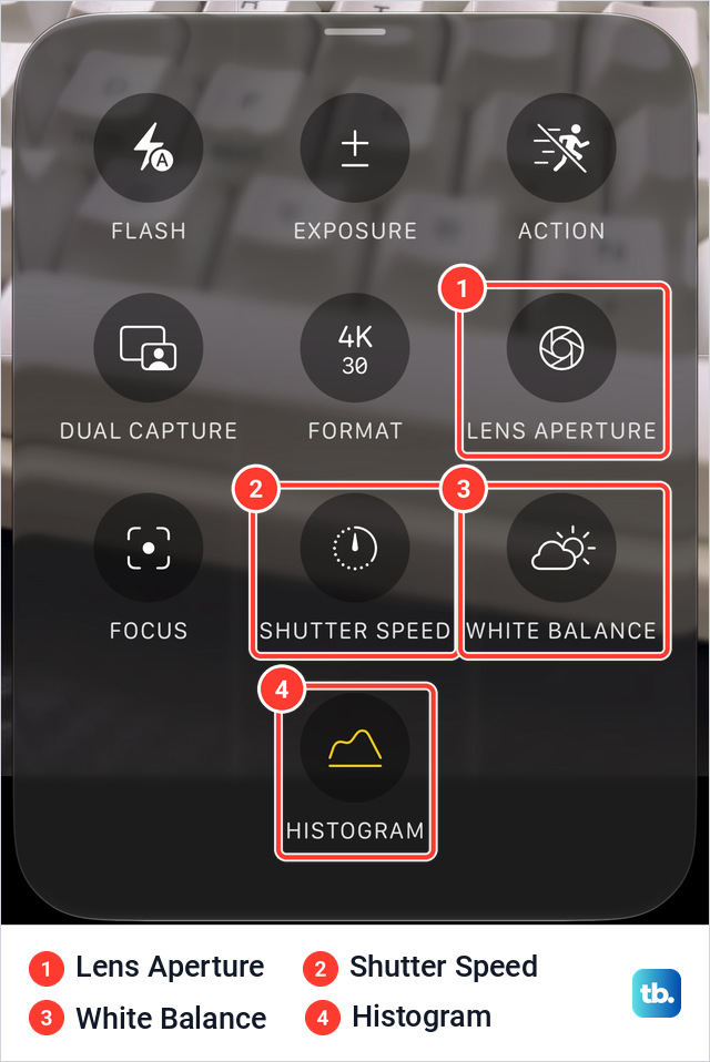 Camera Controls menu on an iPhone 18 Pro Max in Video mode with ten tiles and red boxes around Lens Aperture, Shutter Speed, White Balance and Histogram
