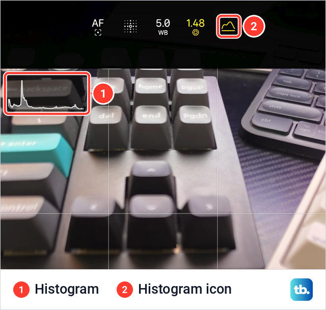 Top of the Camera screen on an iPhone 18 Pro Max with a small histogram graph in the top left corner of the frame and a yellow histogram icon in the row of tools above it