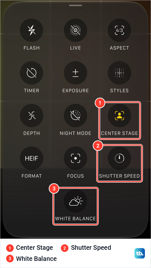 Camera Controls menu on the front camera of an iPhone 18 Pro Max with 13 tiles, including Center Stage, Shutter Speed and White Balance