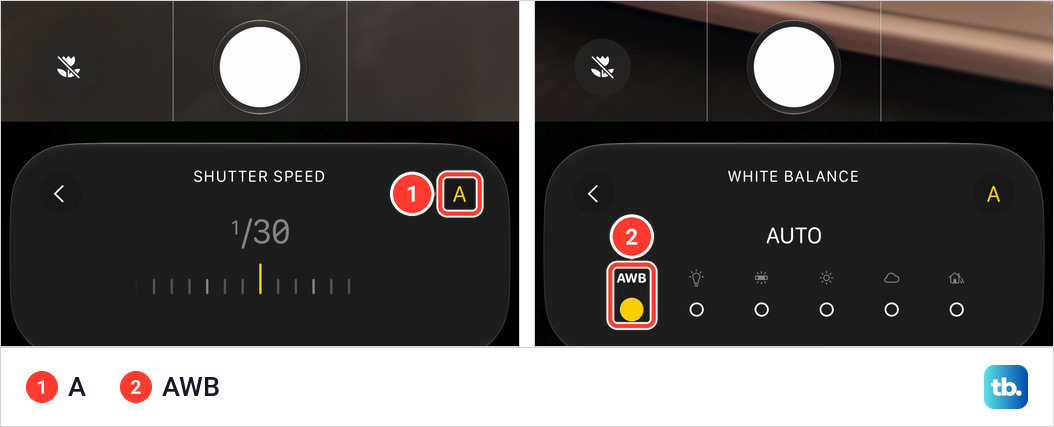 Shutter Speed panel on an iPhone 18 Pro Max reading 1/30 with a yellow A, beside the White Balance panel reading AUTO with the AWB dot filled