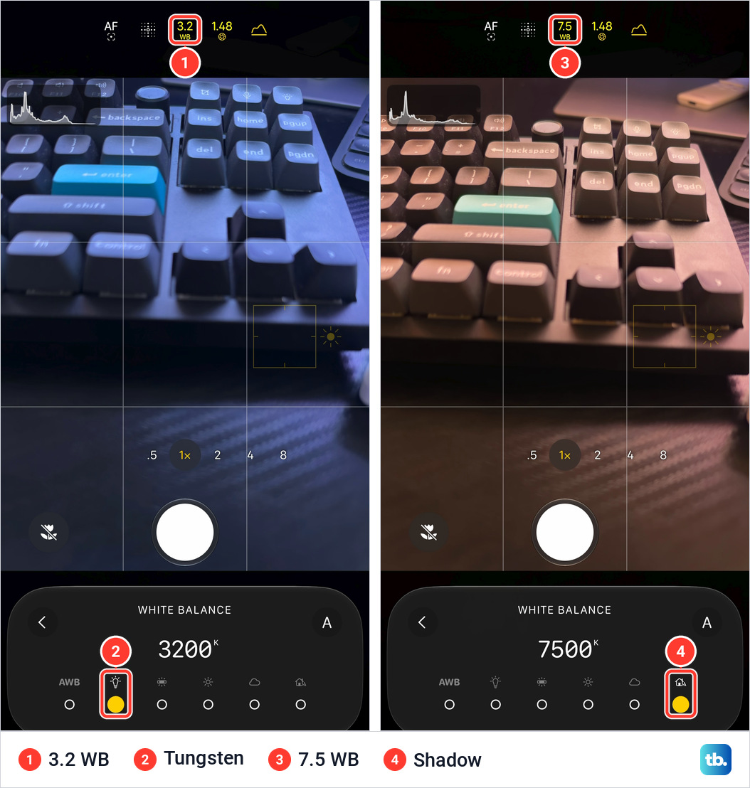 Two iPhone 18 Pro Max Camera screens with the White Balance panel, set to Tungsten at 3200K with a blue picture and to Shadow at 7500K with an orange picture