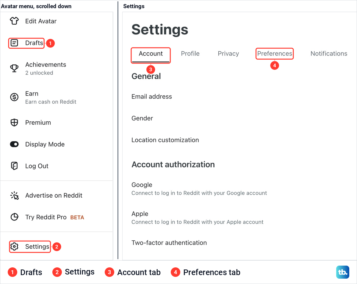 Reddit's avatar menu scrolled down to Settings, beside the Settings page with its Account and Preferences tabs.